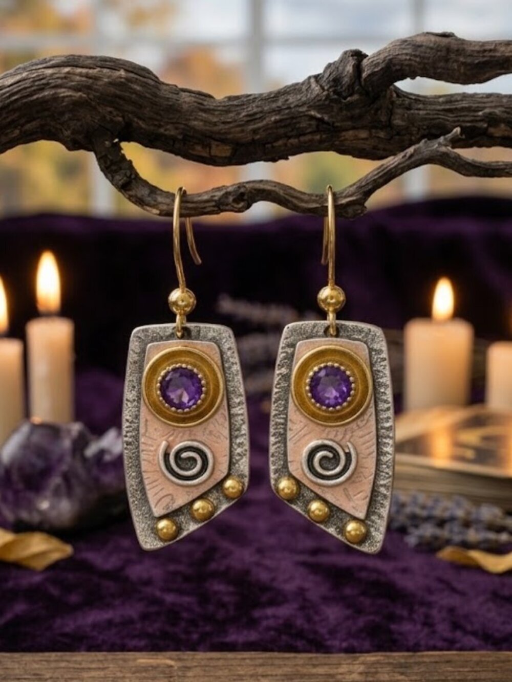 Mixed Metal Spiral Drop Earrings Whimsigoth Purple Stone Silver and Gold 1.1"
